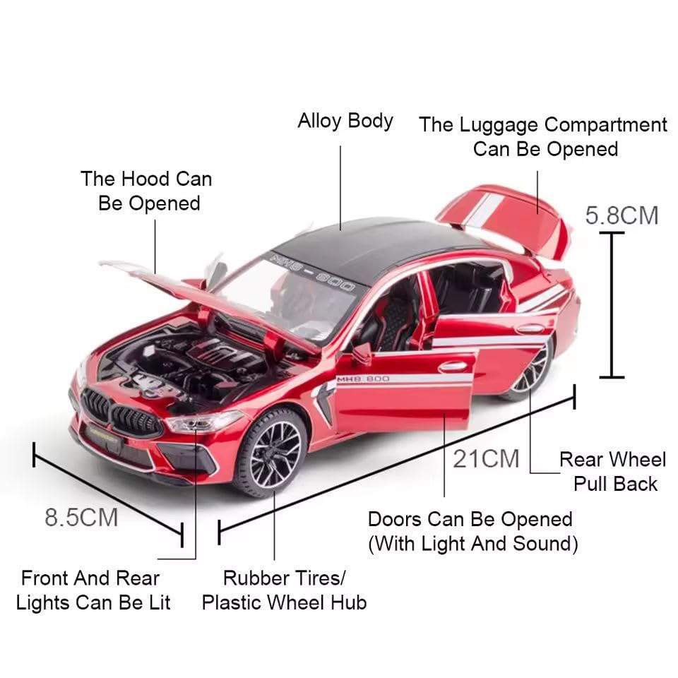 Image of 1:24 B-M-W MH8 800 Diecast Metal Pull Back Car with 6 Openable Doors with Sound and Light Toy Decoration car Best Gift Toys for Kids (1:24 B-M-W MH8 800 - Red)