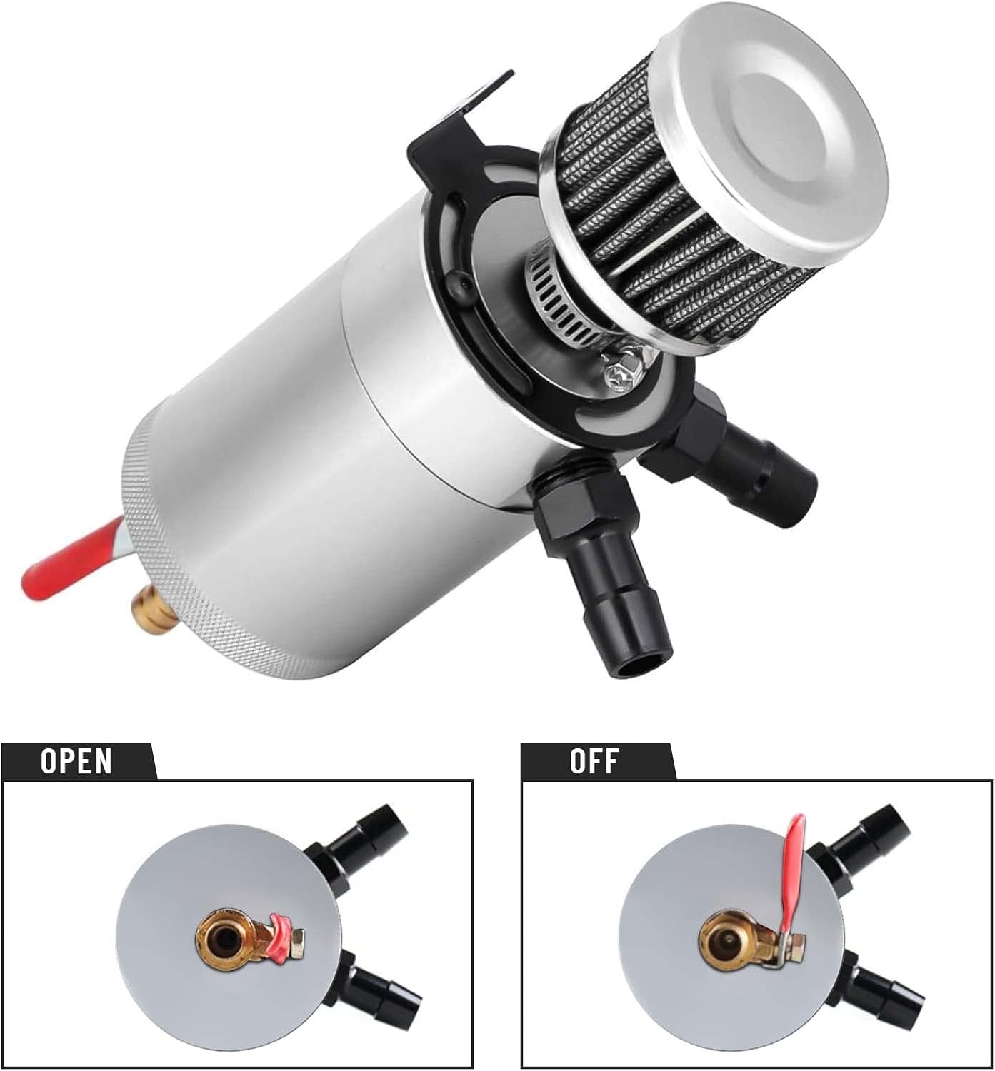Universal Baffled Oil Catch Can with Breather Filter and Drain Valve 2 Ports (oulet + inlet),150ml Billet Aluminum Oil Separator Catch Can Oil Reservoir Tank,4 Adapters/Screws/Washers Included,Silver
