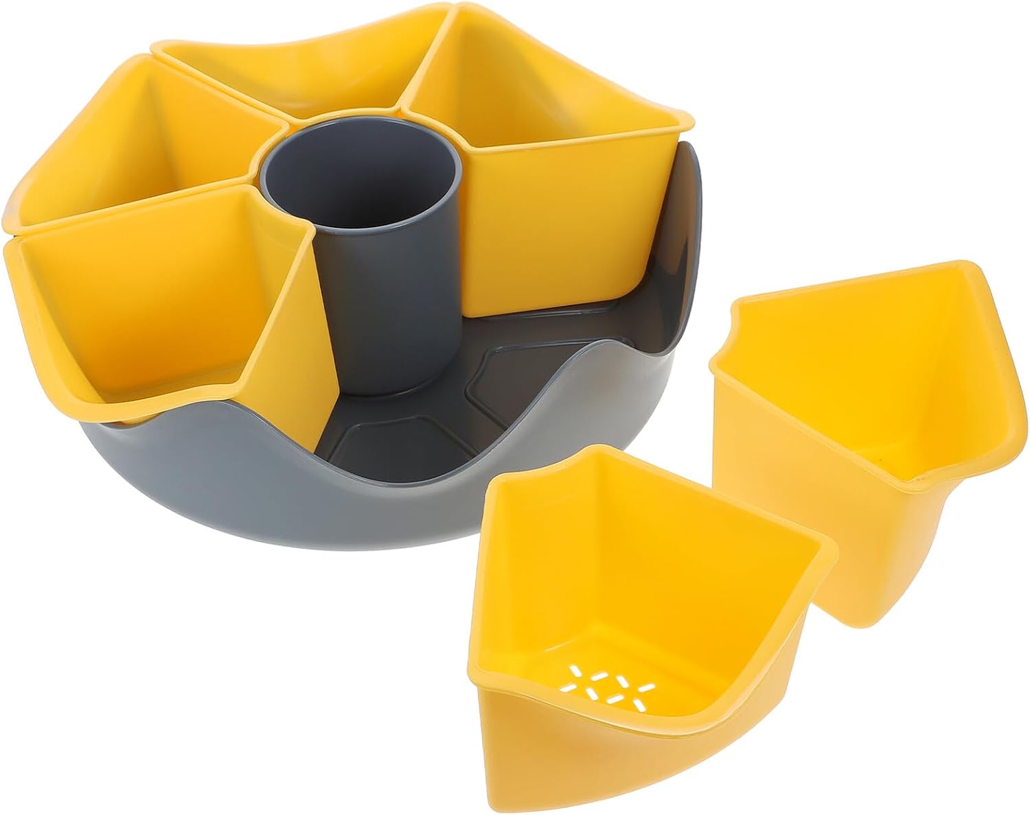 Double Layer Drain Water Basket with 360° Rotating Base, Blue Plastic Vegetable Fruit Washing and Draining Strainer for Kitchen Counter Storage