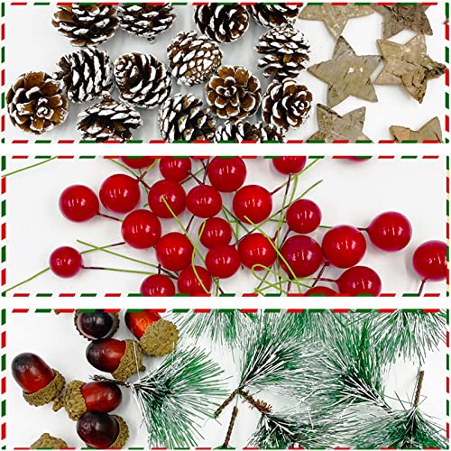 TSLBW 108 Pieces Christmas Wreath Making Decorations Natural Pine Cone Red Holly Berries Pine Needles Branches Fake Acorns DIY Xmas Wreath Making Supplies Christmas Tree Ornament - Image 3