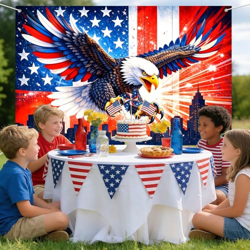 Image of IVN Patriotic Eagle Backdrop Banner 71 x 43 Inch USA Flag Stars Stripes Eagle City Skyline Background Photo Booth Backdrop 4th of July Independence Day Memorial Day Veterans Day Indoor Outdoor Decor