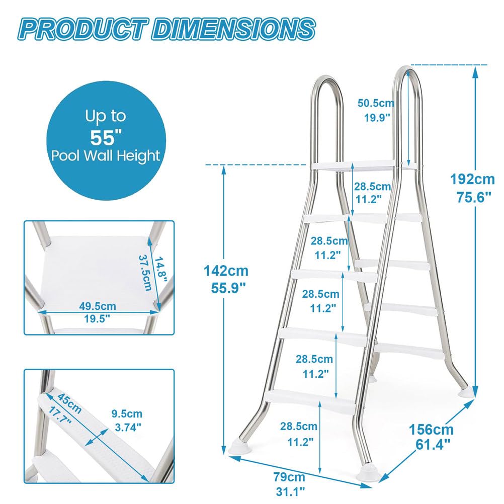 Scala per Piscina Fuori Terra 142 cm 4 gradini, Struttura in Acciaio Inossidabile 304, Scala per Ingresso e Uscita dalla Piscina, gradini in Metallo Antiscivolo a Forma di A, argentati