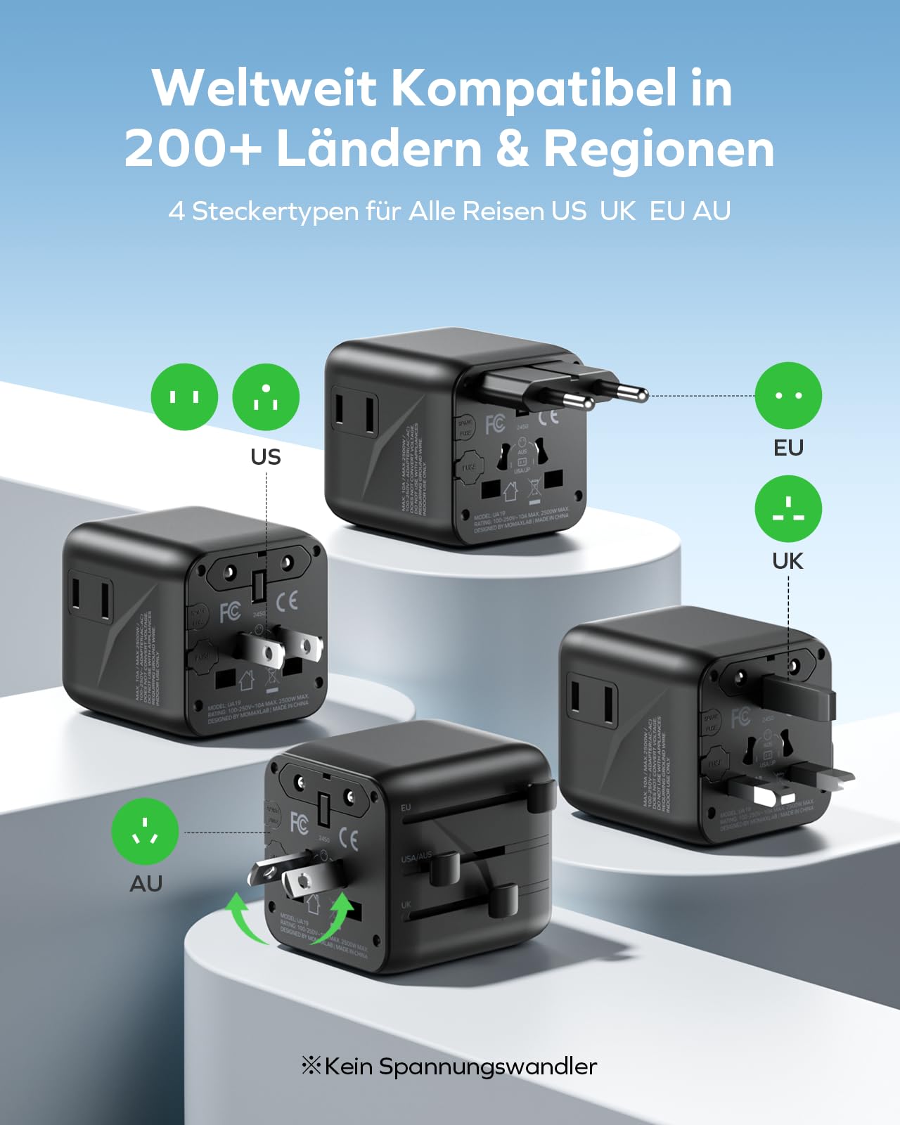 MOMAX Klein Reiseadapter Weltweit, 2 AC Travel Adapter Worldwide, 2-in-1 Universal Adapter für EU UK USA Japan (Ohne USB-Anschluss)