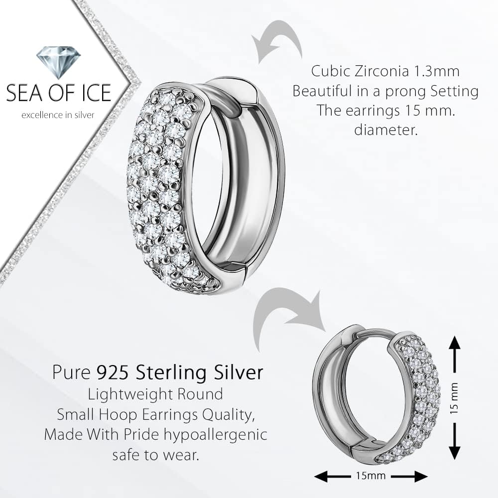 Sterling Silver CZ Cubic Zirconia Ear Cuff Hinged Huggie Hoop Earrings, 15mm Diameter - Image 2