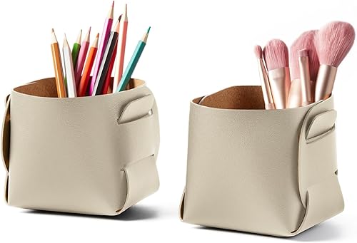 Miniatura 16 de HOMIEAZICOZI Paquete de 2 accesorios de almacenamiento de escritorio de cuero de corcho, soporte para lápices y bolígrafos, organizador de brochas