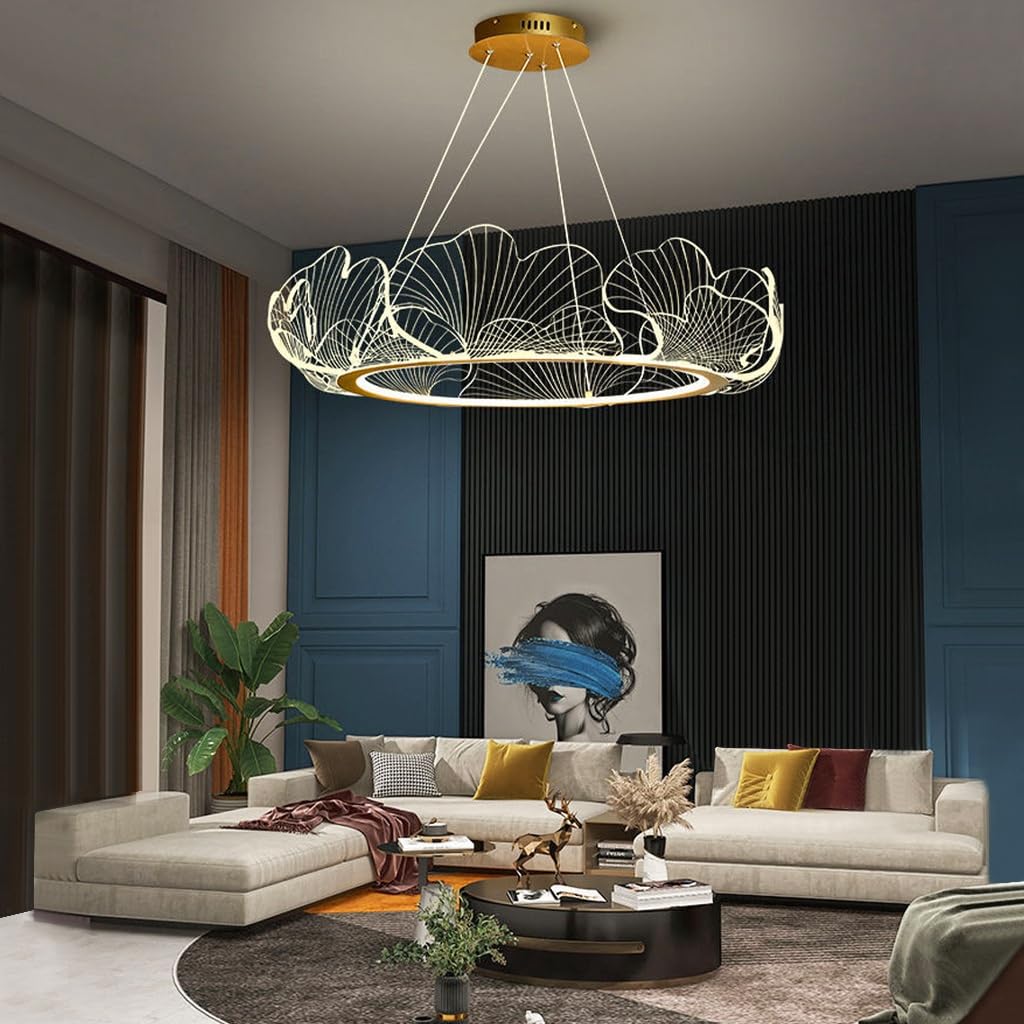 Kristall Kronleuchter Moderne Goldene LED Pendelleuchte 48/68cm Höhenverstellbare Fernbedienung Hängelampe Acryl Ginkgo Blatt Design Wohnzimmer Esszimmer Schlafzimmer Deckenbeleuchtung