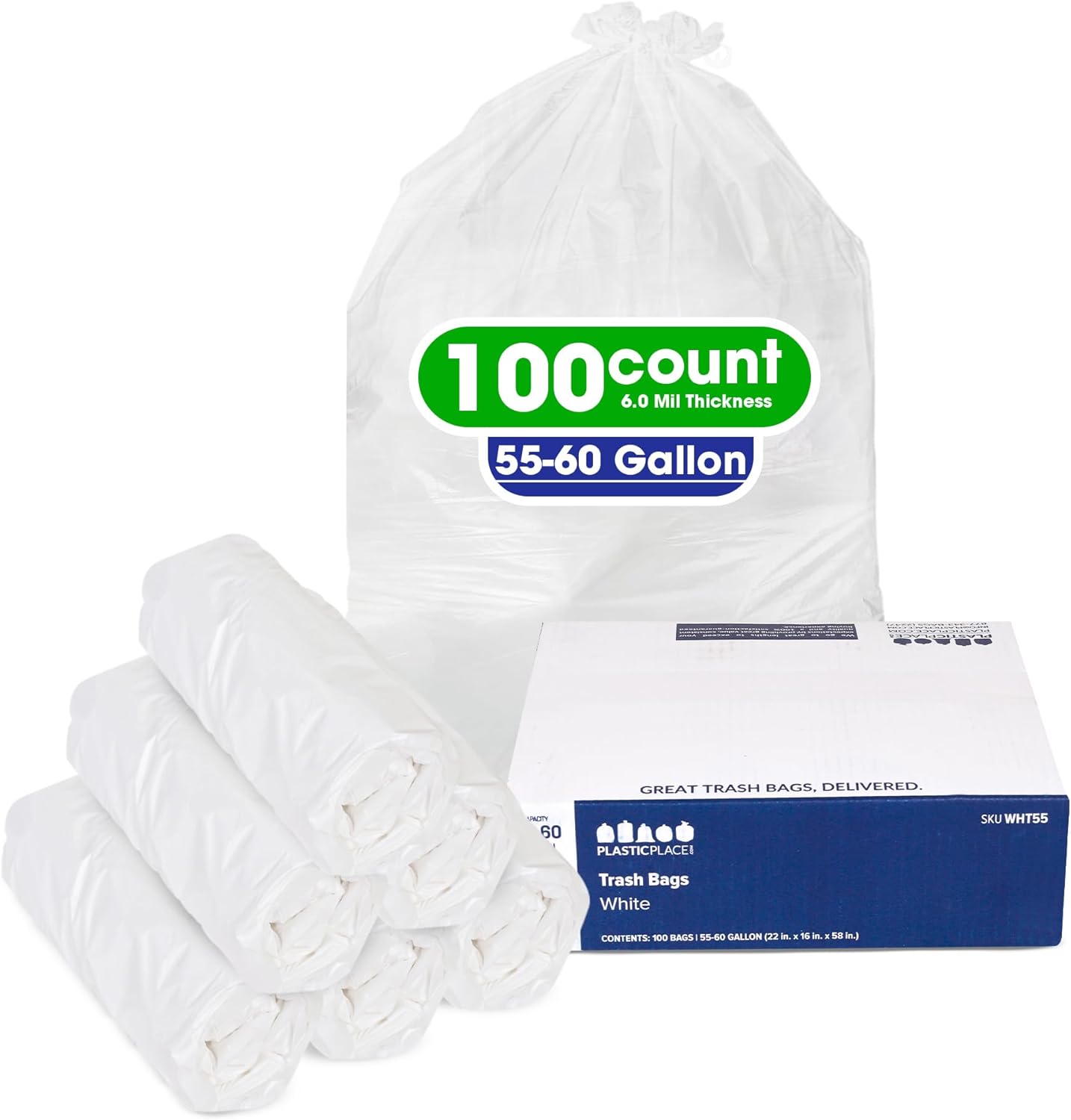 Plasticplace 55-60 Gallon Trash Bags │ 0.7 Mil │ White Heavy Duty Garbage Can Liners │ 38” x 58” 100 Count(Pack of 1)