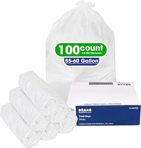Plasticplace Bolsas de basura de 55-60 galones │ 0.7 mil │ Revestimientos blancos resistentes para botes de basura │ 38 x 58 pulgadas, 100 unidades