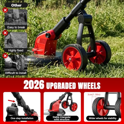 Image of 20000 RPM Electric Weed Wacker with Wheel,12″ Brushless Cordless Weed Eater Battery Powered,4-in-1 Brush Cutter /String Trimmer /Grass Edger /Tiller for Garden,Weed Trimmer,2 Battery (Red)