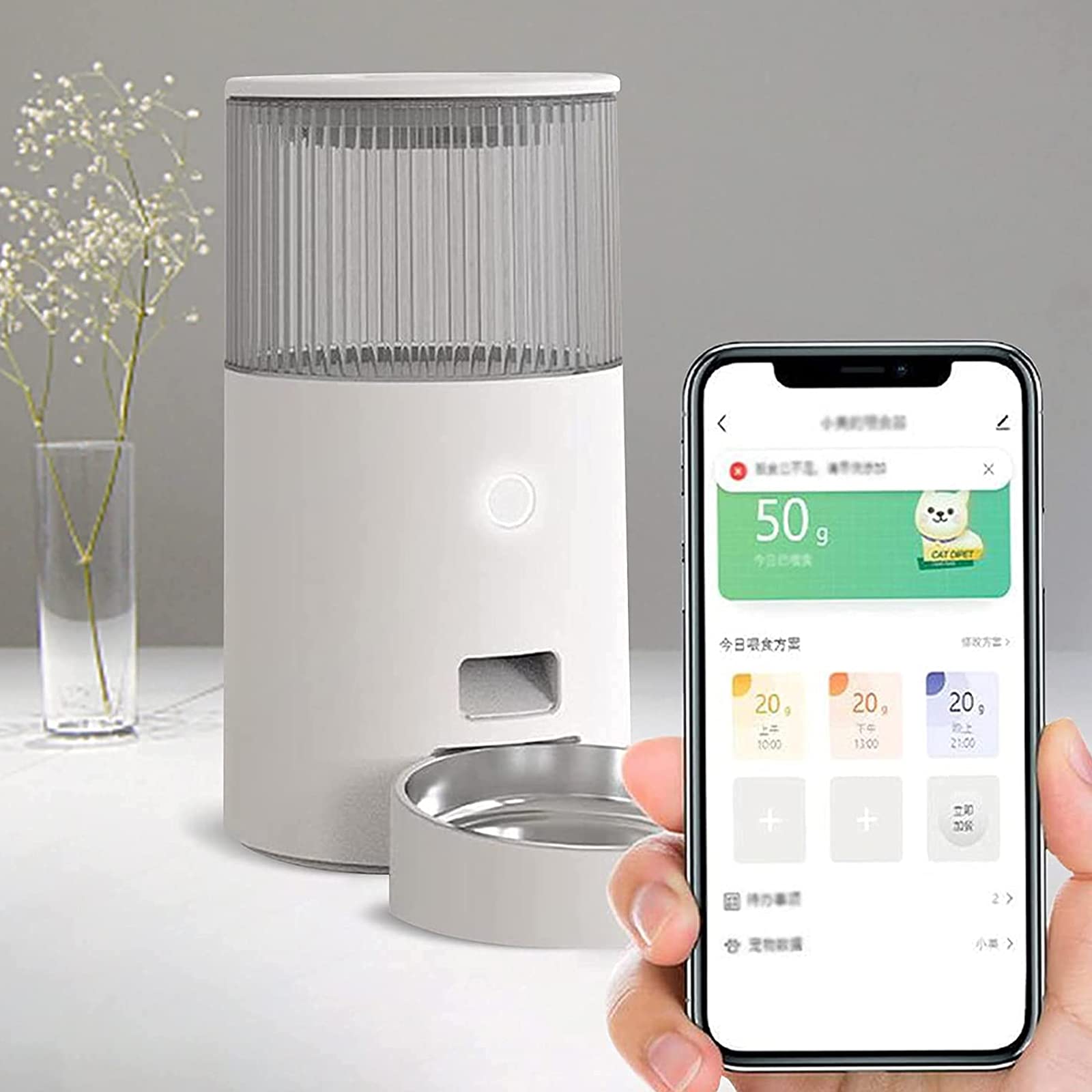 2.5L Distributore Automatico di Cibo per Gatti, Cani,con Ciotola in Acciaio Inossidabile, Controllo Remoto da App, con Controllo della Porzione,Timer Programmabile Fino