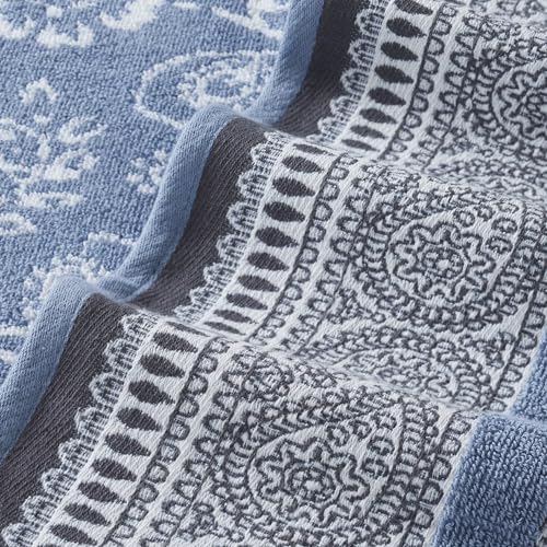 Image of Modern Threads 6 Piece Set,2 Bath Towels,2 Hand Towels,2-Washcloths Yarn Dyed Jacquard /Solid Towel Set Ophelia Blue,(Pack of 8)