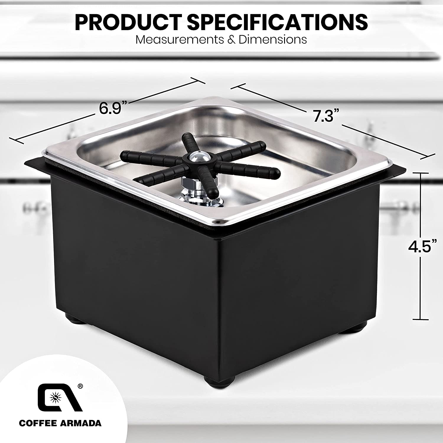 Coffee Armada Glass and Pitcher Rinser – Stainless Steel – High Pressure Auto Jet Washer Press – Essential item for Professional Coffee Shops and Bars 7.3” x 6.9” x 4.5”