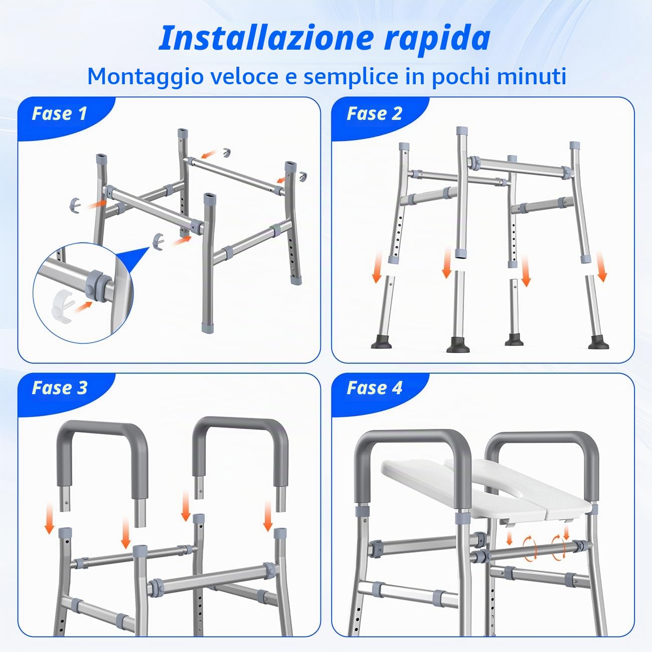 Quadro di Sicurezza WC con Maniglione Bagno Disabili, Rialzo WC per Anziani Regolabile, Alzawater per Anziani Pieghevole Senza Foro, Corrimano Toilette per Disabili e Comoda WC