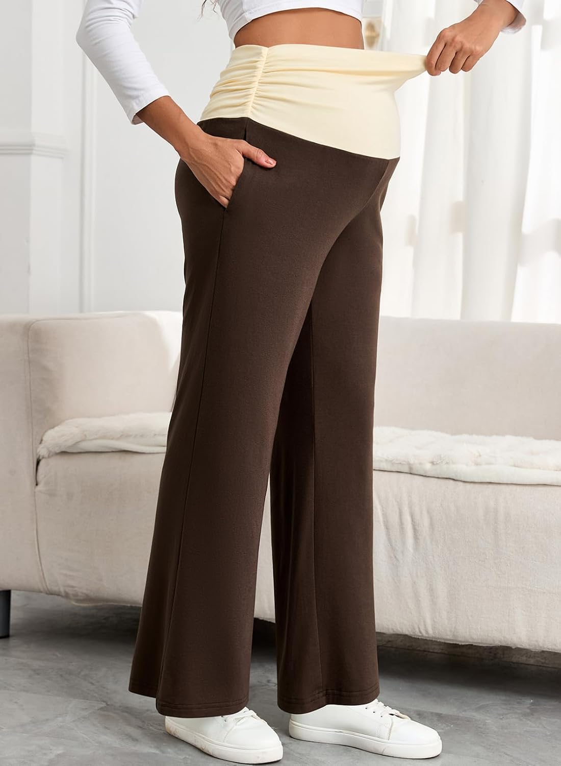 BLENCOT Women's Maternity Pants Wide Leg Over The Belly Pregnancy Pants Stretchy Loose Casual Trousers with Pockets