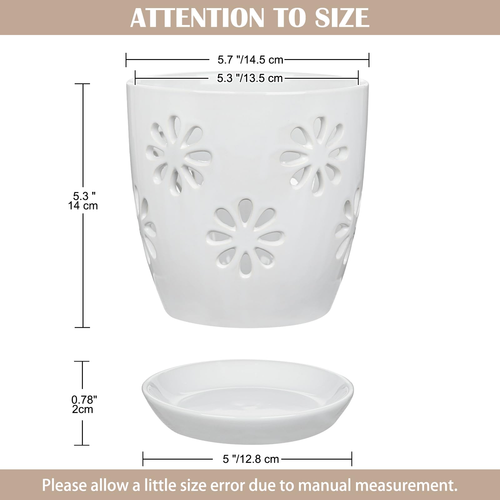 Oairse Pot de fleurs creux en céramique de 15 cm de diamètre avec trou de drainage et soucoupe - Pot en céramique pour plantes d'intérieur - Décoration rétro pour jardinières en plein air
