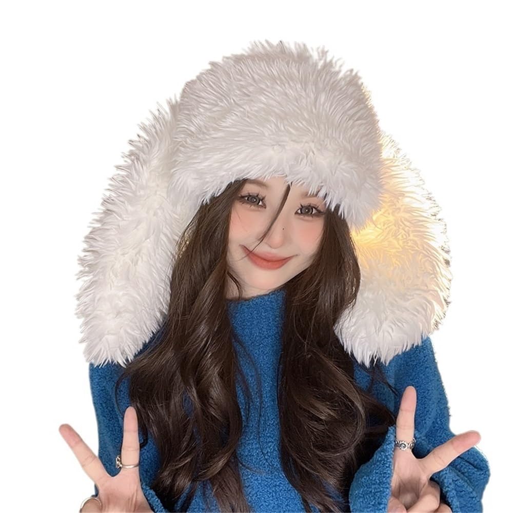 Bonnet oreilles de lapin résistant au vent froid chapeau seau en peluche thermique femme