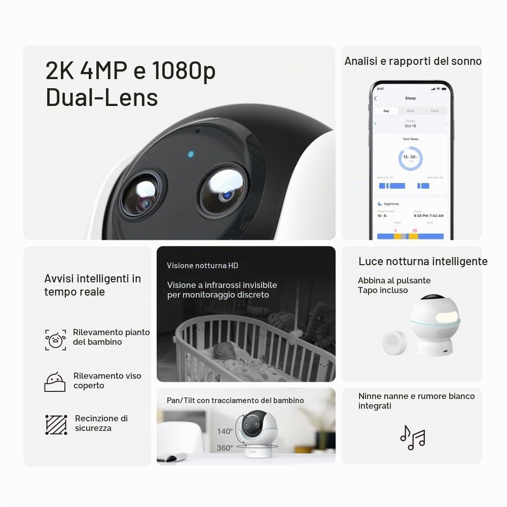 Tapo C840 2K 4MP Dual-Lens Baby Monitor, 360 ° Baby Tracking​ Telecamera di sicurezza, HD Night Vision, AI Detection Indoor Telecamere Sicurezza Casa, Analisi del sonno, Alexa, Google Home, Memoria