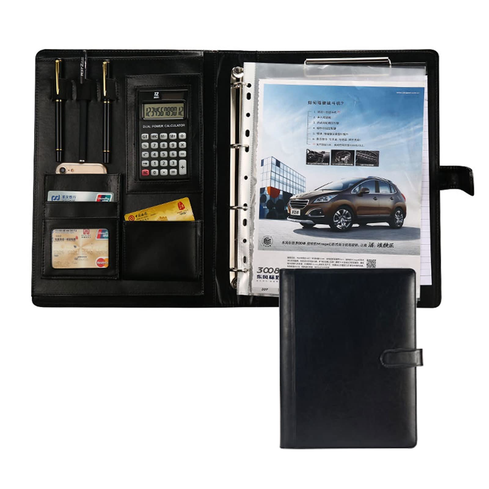 Teczka A4 z notesem, Segregator A4 z organizerem ze skóry PU z kalkulatorem, wielokolorowy, opakowanie 1 szt., 256 x 336 milimetrów(Blue,12 digit calculator)