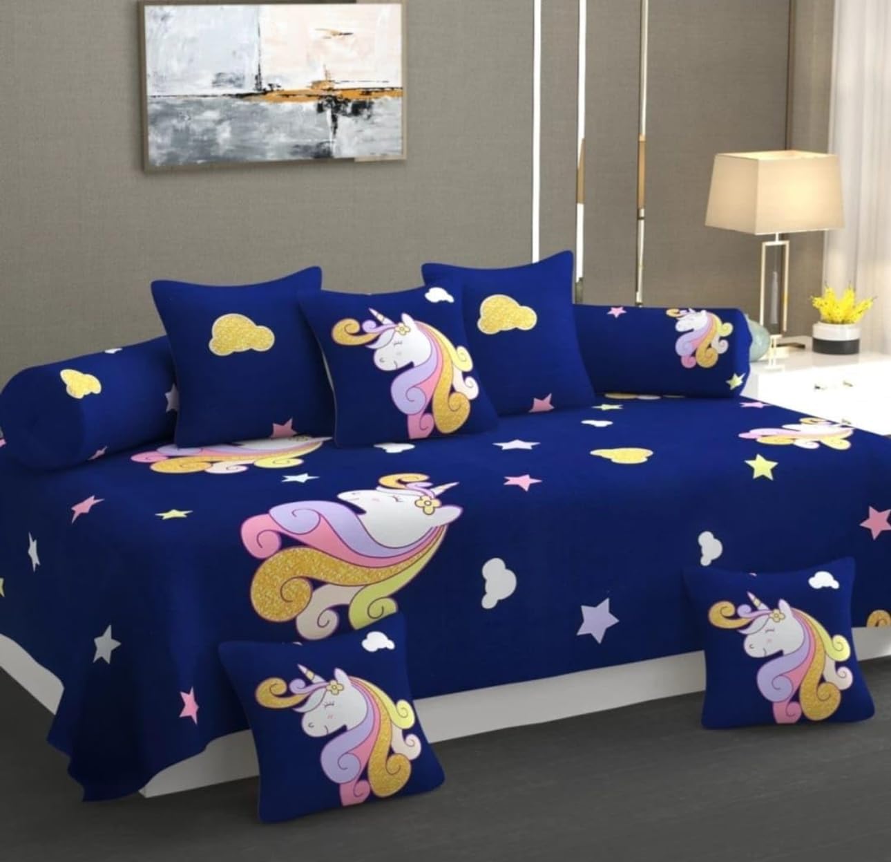 BLACK SPADE Diwan Set Covers 8 Pieces Heavy Glace Cotton Designer Printed Standard Diwan Set (1 Single Bedsheet, 2 Bolster Covers and 5 Cushion Covers) (Blue Unicorn)-image-48