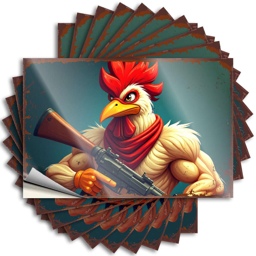 Decals Fun Vinyl Sticker | Muscular Rooster Holding A Rifle. Crazy for Comfort Use(12X18CM)