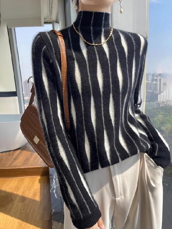 UOOZEE Women's Wave Striped Turtleneck Pullover Sweater Fuzzy Chunky Knit Soft Winter Fall Tops Casual Wear