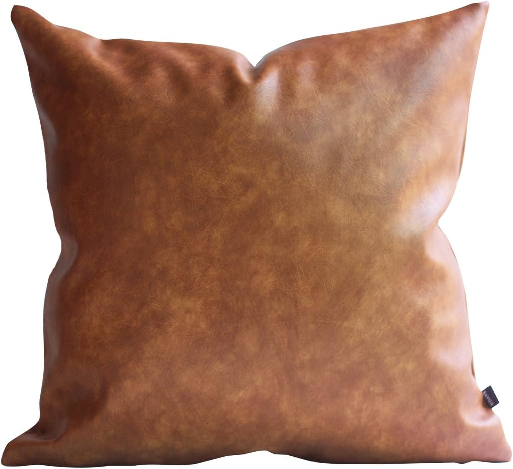 Thick Brown Faux Leather Throw Pillow Cover Cognac Leather Decorative Throw Pillow Case Farmhouse Decor Sofa Couch Cushion Covers Modern Minimalist Vegan Pillow Cover 18x18 Inches