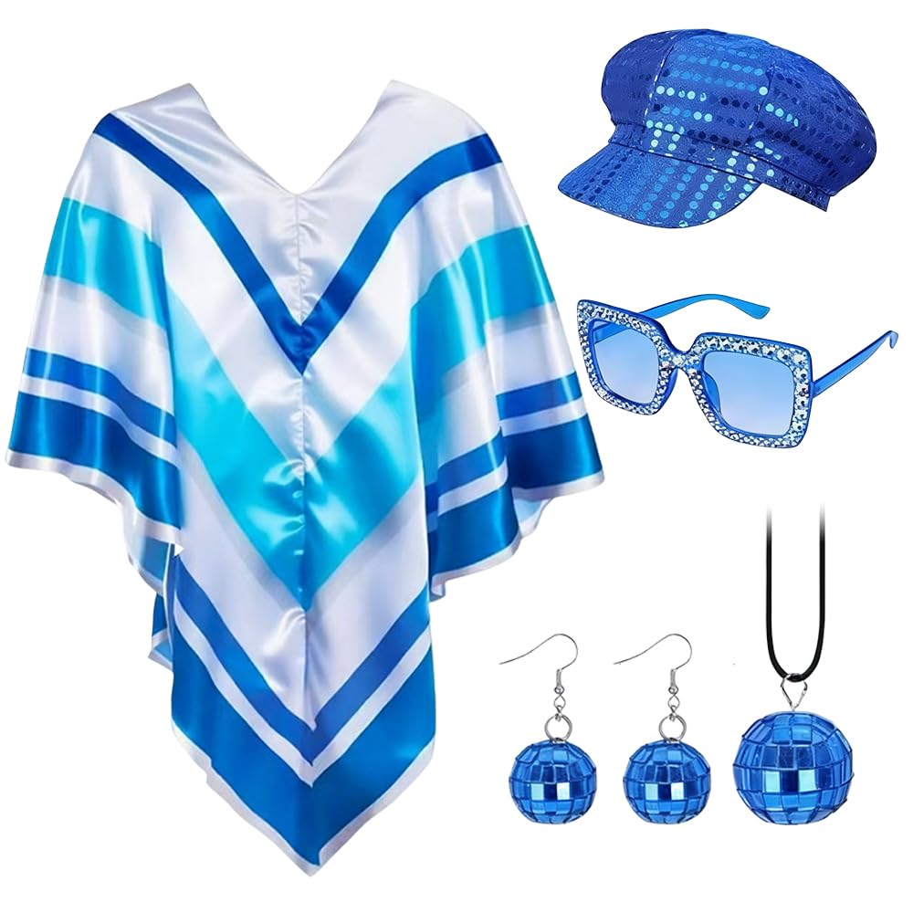 KUWUNG Abba Fancy Dress Costume, 5 Pcs Set Abba Outfits with Abba Pop Poncho Sequin Beret Hat Necklace Earrings Square Sunglasses, Retro Disco Set, 70s 80s Fancy Dress for Women (Blue)