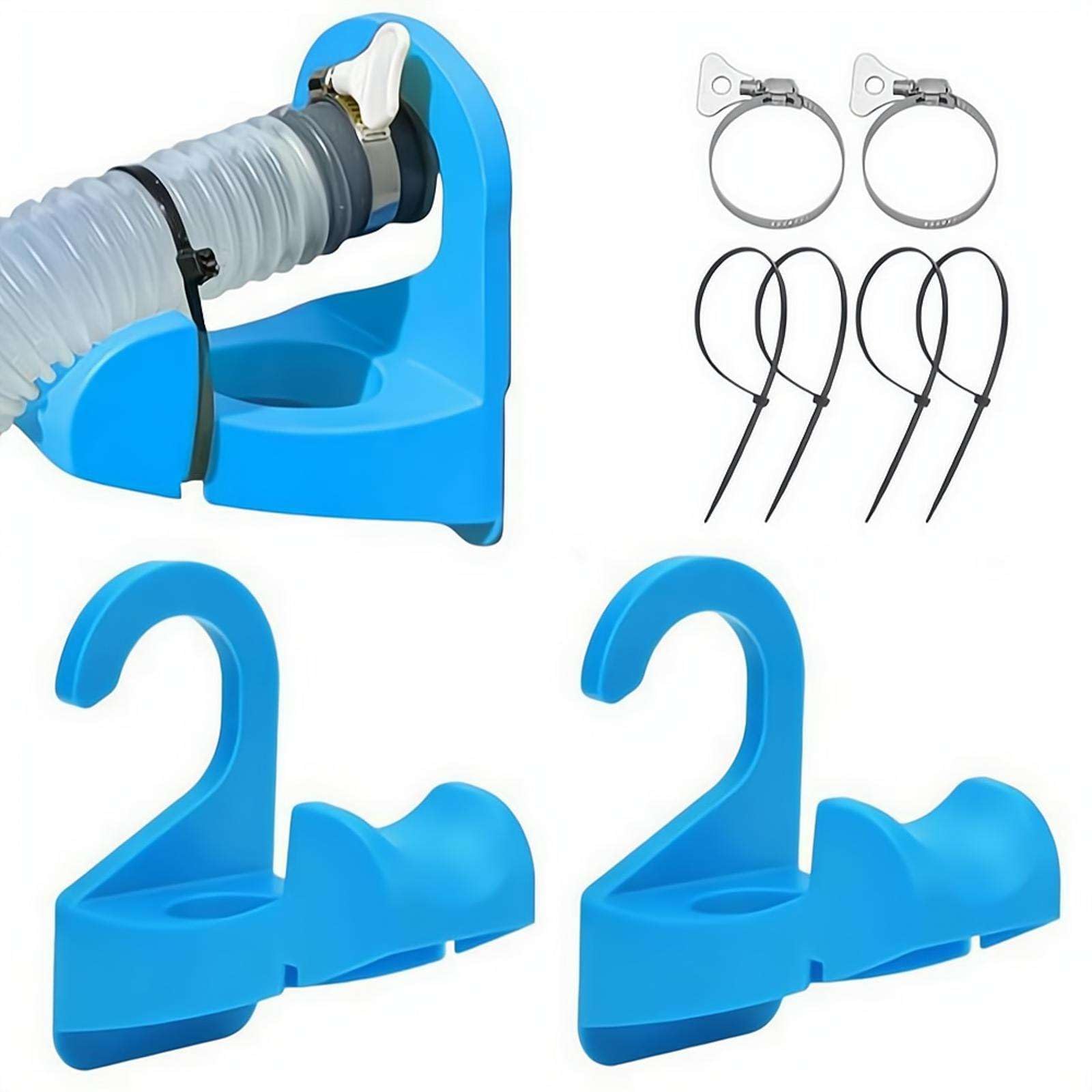 Water Hose Holder for Filling Pool, Anti-Slip Tube Mount Adapter Swimming Pool Pipe Holders, Self-Adhesive Hose Support Brackets with Clamps & Cable Ties Pools Hoses Accessories (Blue 2pcs)