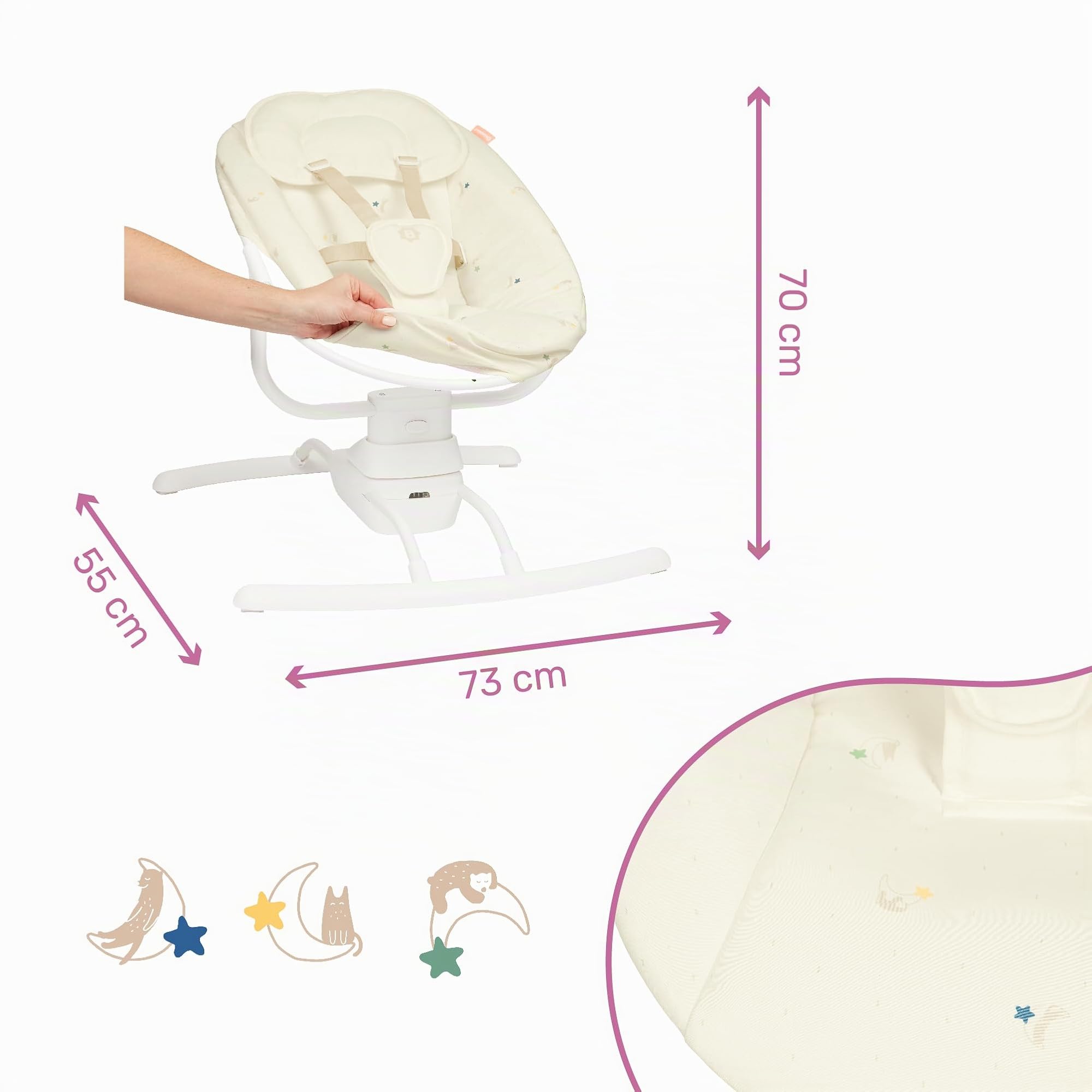 Badabulle Balancín eléctrico bebé lateral Buddy Cream - 3 velocidades de balanceo - 8 canciones de cuna - Arco de juego - Garantía de por vida
