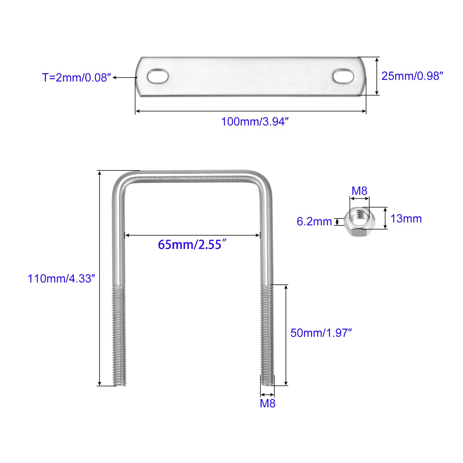 MACHSWON Square U-Bolt,2 Set 304 Stainless Steel M8 U Bolts 65mm(2.64") Inner Width 110mm Length with Nuts and Frame Plate for Automobiles Boat Trailer - Image 2