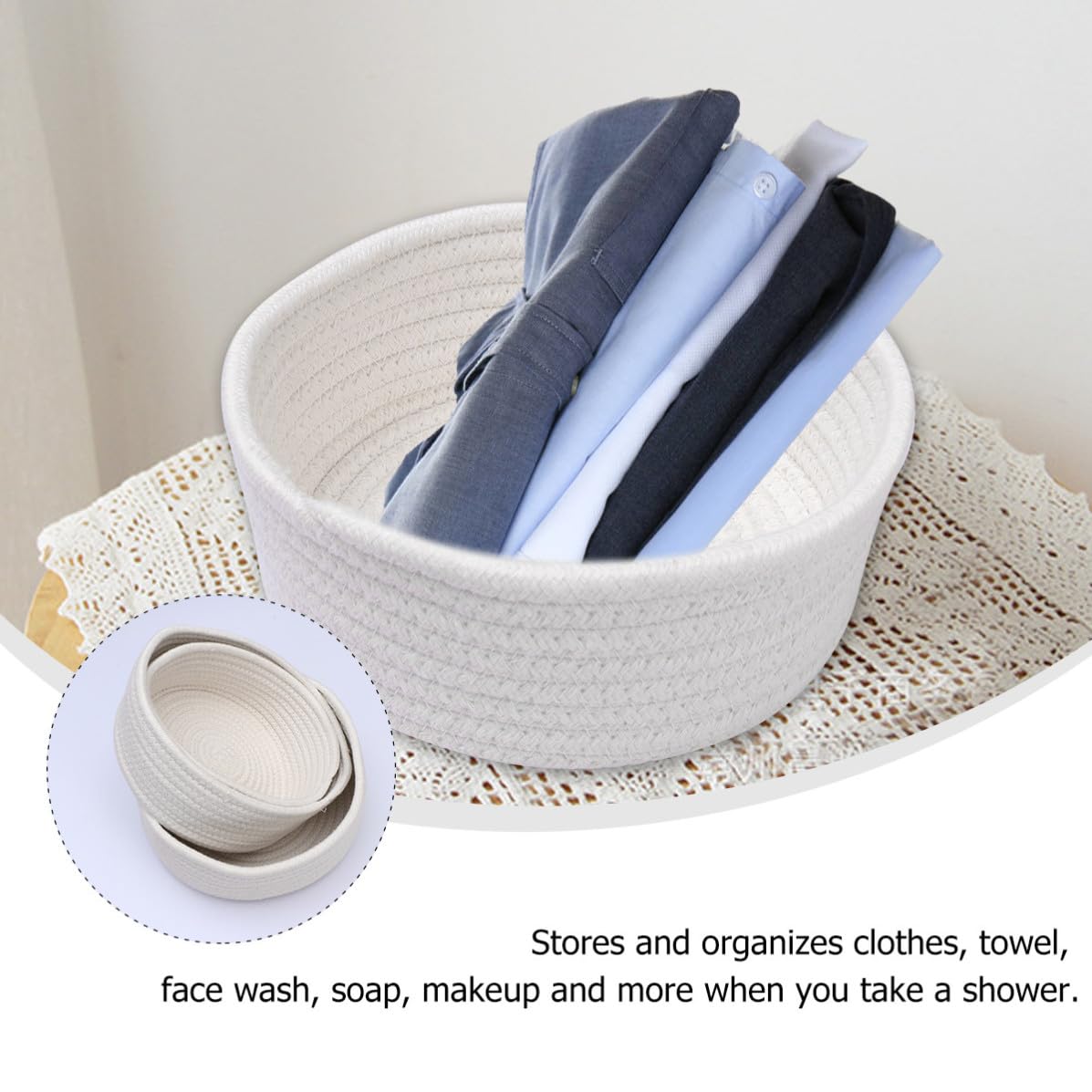 TOYANDONA 3 Piezas Cesta Tejida a Mano de Hilo de Algodón para Almacenamiento en Mesa y Cama, Diseño Simple y Ecológica para Organizar Ropa y Objetos en Interiores