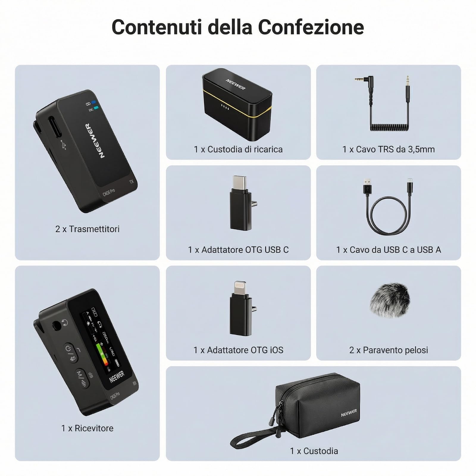NEEWER CM26 Pro Microfono Wireless AI Compatibile con iPhone Android Telefono Fotocamera PC, Mic Lavalier Anti Rumore DSP/MCU Guadagno Muto Taglio Basso 48kHz/24bit SNR 88dB Batteria 50H Portata 100m