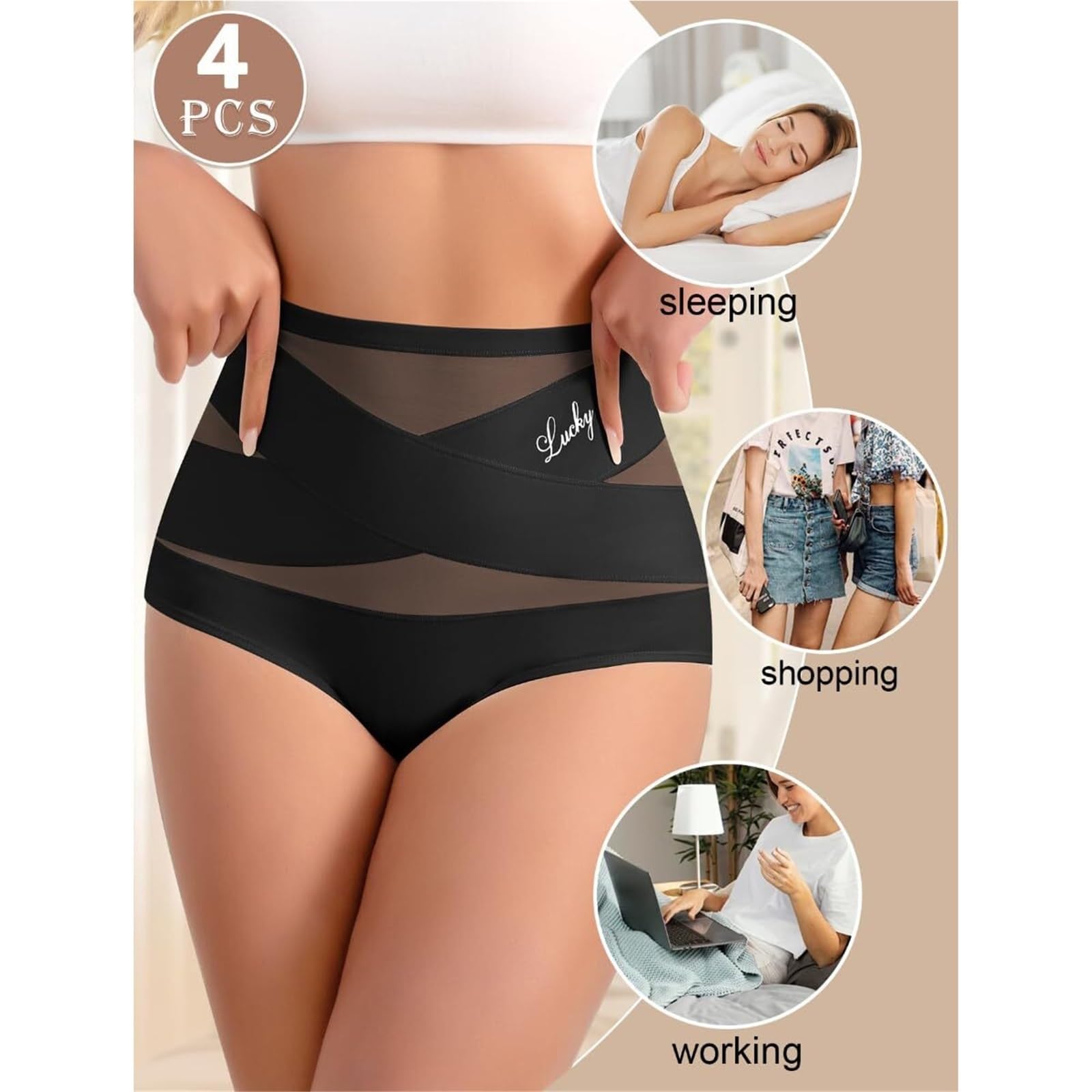 4er-Pack Damen-Slips Mit Hoher Taille Und Bauchkontrolle Atmungsaktive Weiche Unterwäsche Mit Buchstabendruck Und Überkreuzten Netzdetails