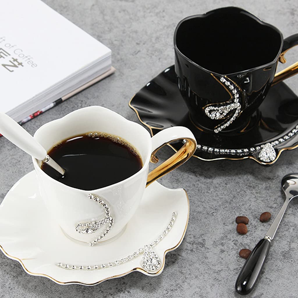 Porcelana Taza de té y Platillo Conjunto Taza de Café, 8 onzas para bebidas de café, café con leche, café moca y té, taza de té de incrustaciones de diamantes hechas a mano con juego de platillos y co