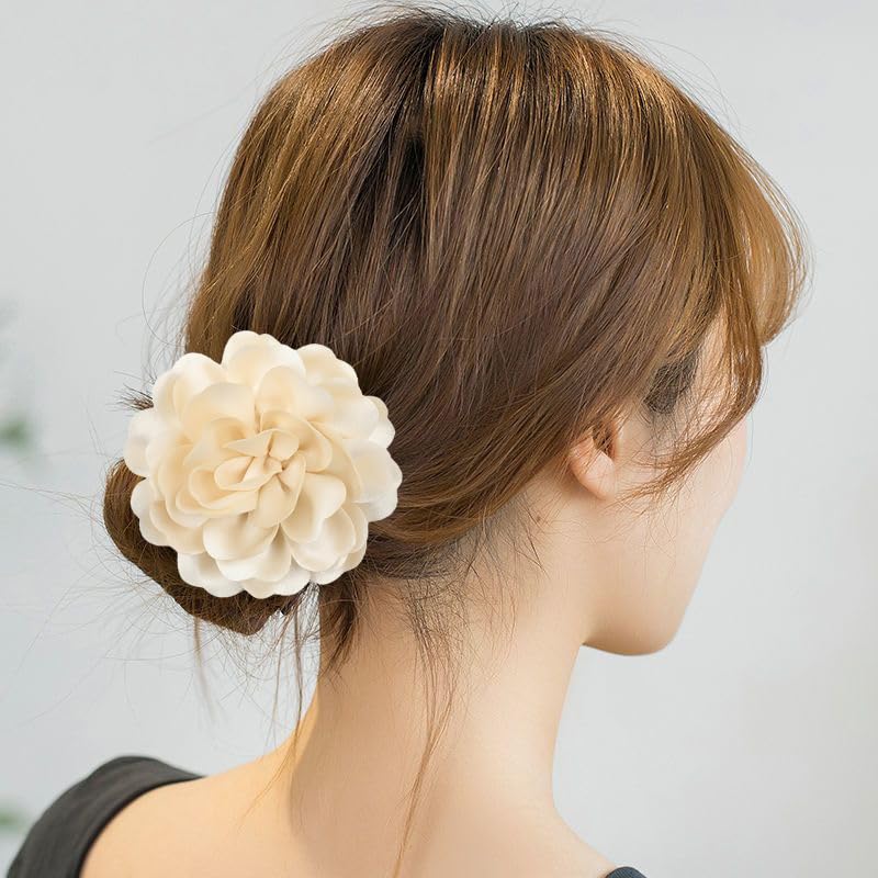 Image of Dainty Fabric Rose & Camellia Flower Oversized Brooch Pins & Hair Clip - Large Lapel Pin, 4.3in /7.5in