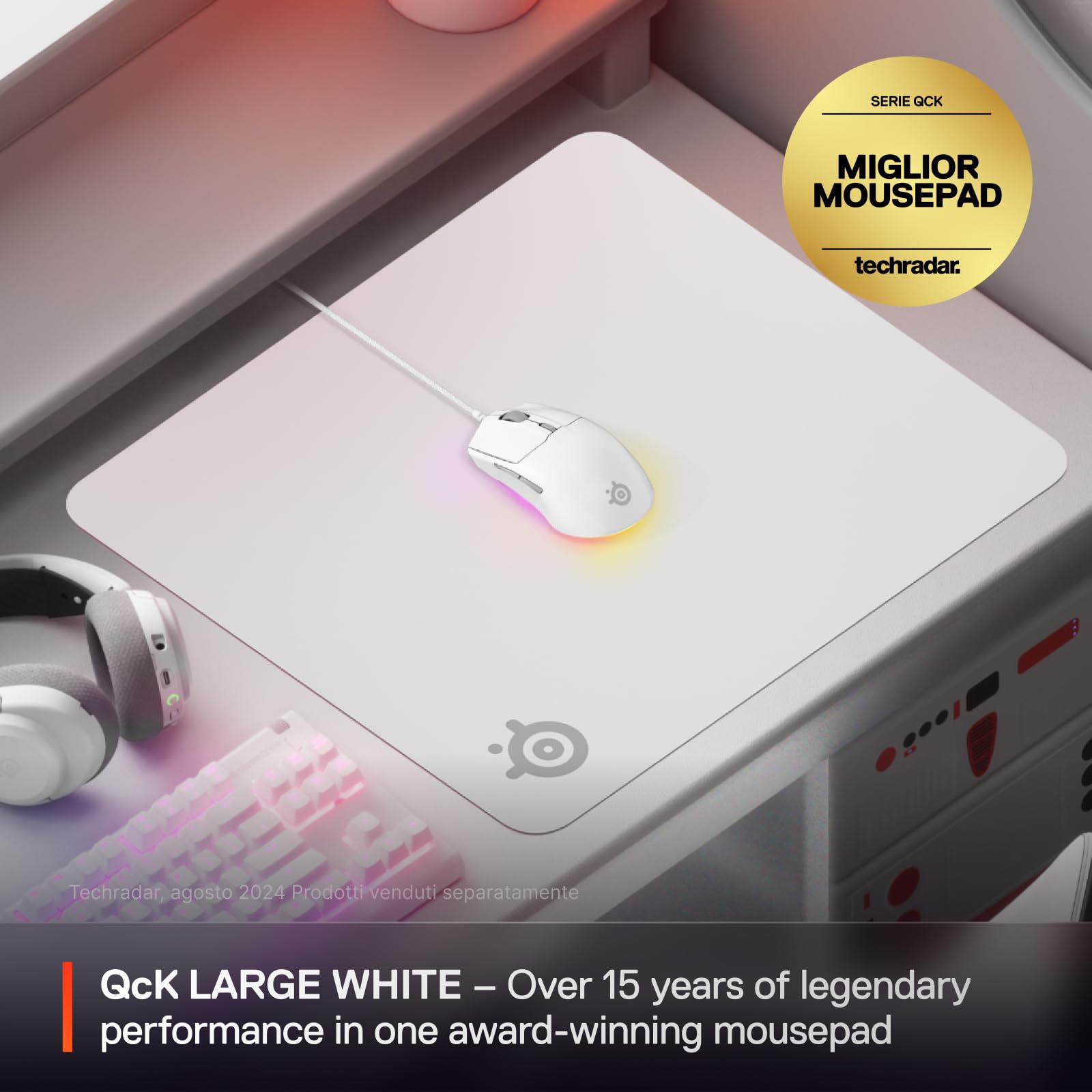 SteelSeries QcK Mousepad Grande - White - Base in gomma siliconica no-slip - Tracking e stabilità top - Ottimizzato per sensori di gioco - 450mm x400mm - FPS, MOBA, RTS, MMO