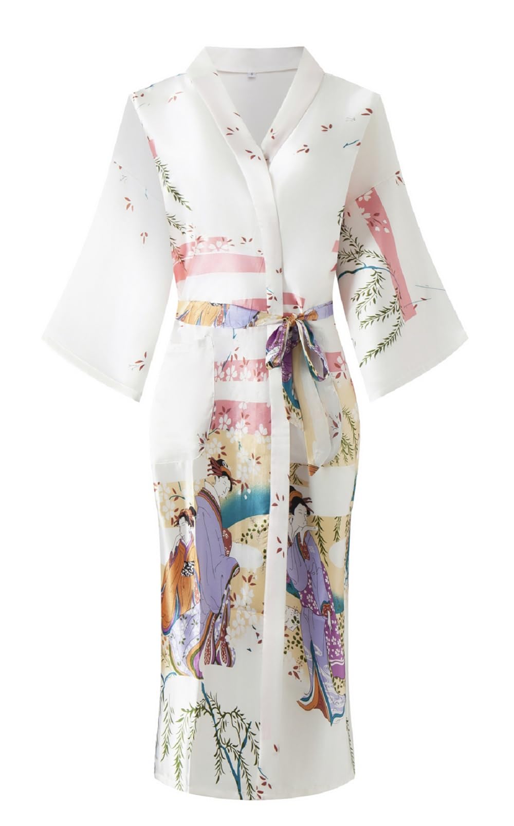 Women Long Silky Bathrobe Satin Kimono Robe Floral Printed Dressing Gown Sleepwear White Small