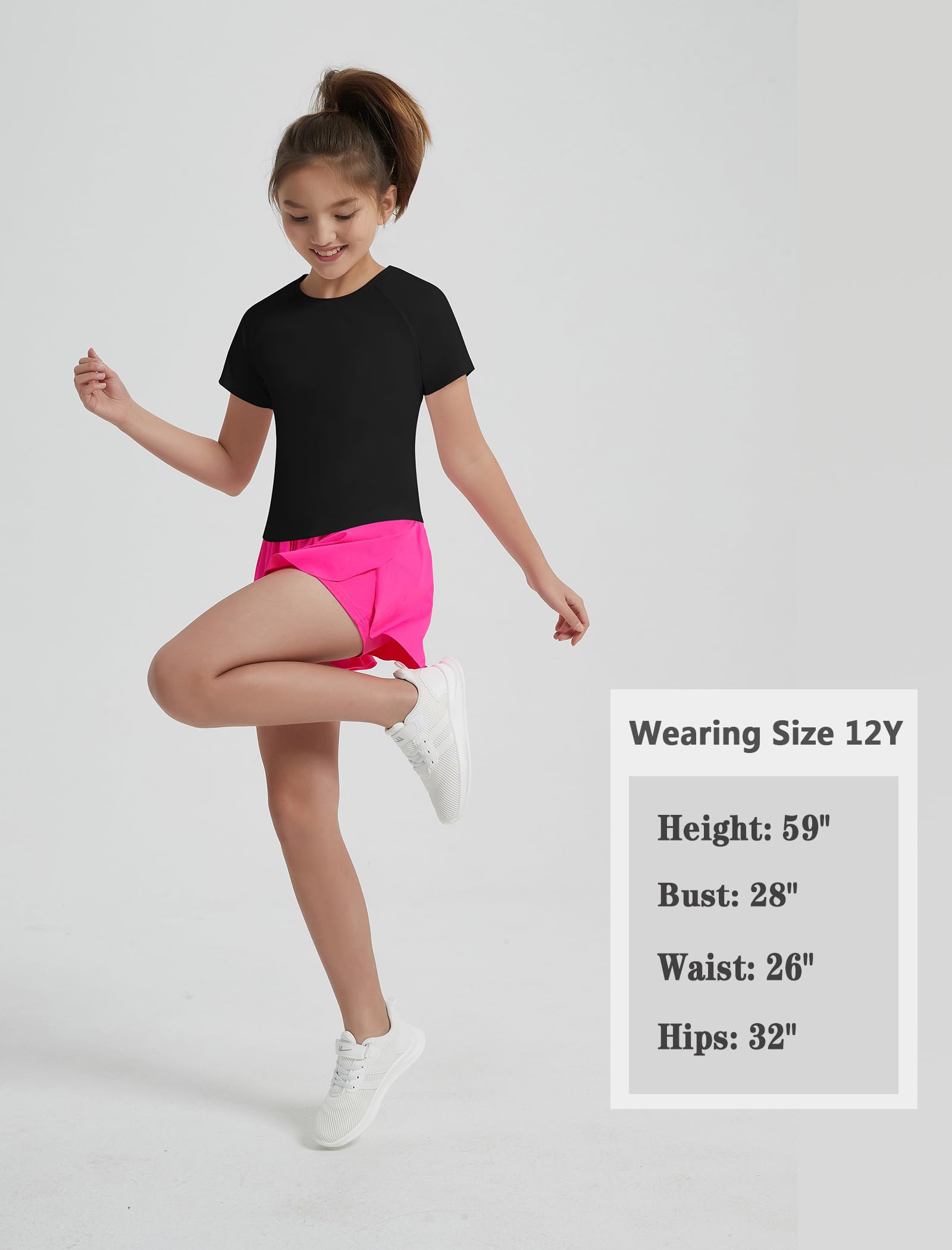 EXARUS Maglietta sportiva da ragazza, a maniche corte, con spacco sulla schiena, ad asciugatura rapida, per allenamento, estate, casual, per bambini 6-14 anni