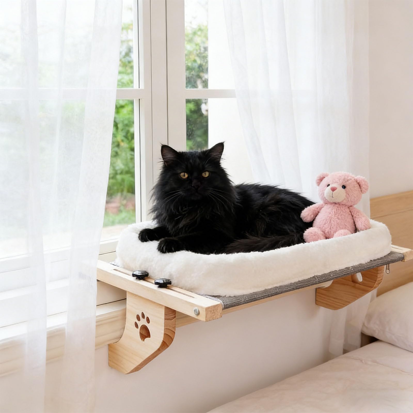 Hamaca para Gatos con Estructura de Madera y Metal, Cubierta extraíble y cálida, Cama Colgante para Ventana, Lavable para Comodidad de Mascotas, Cama Plegable para Gatos