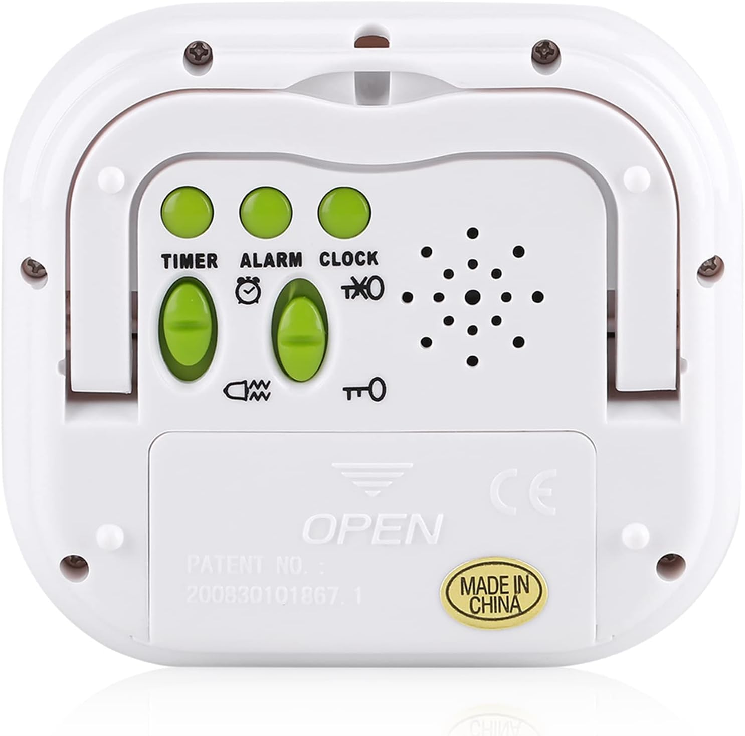 Tył view of the Yosoo Digital Alarm Clock showing the control switches and battery compartment.