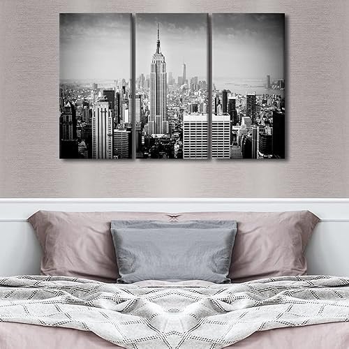 Miniatura 3 de TUMOVO Decoración de pared para sala de estar, color blanco y negro, pinturas de edificios sobre lienzo, 3 paneles, arte de pared para el hogar para