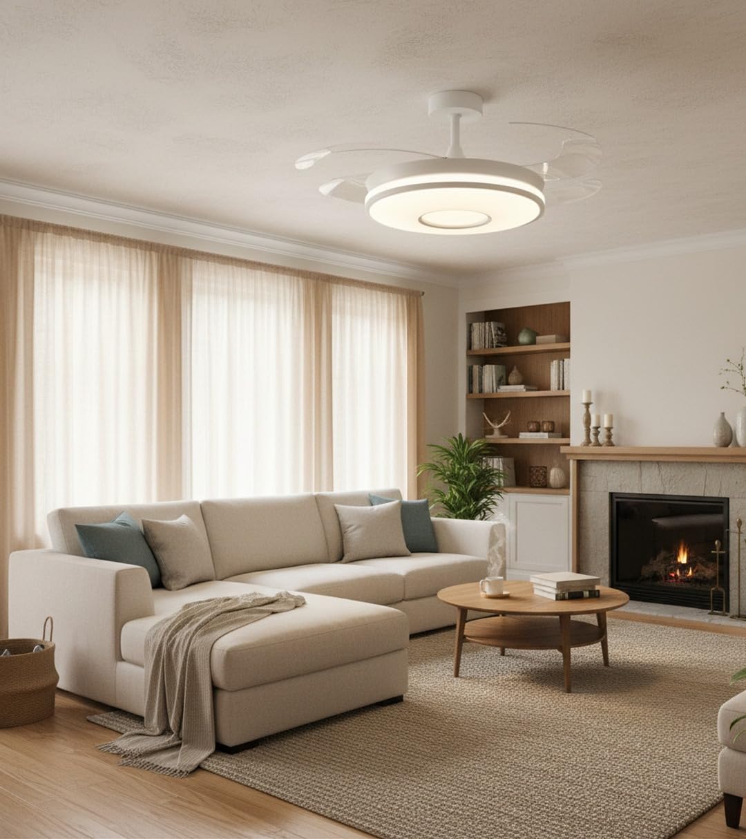 BEL AIR HOME - Ventilatore da soffitto KIRA bianco, motore DC silenzioso, pale retraibili, luce LED 36 W 3 temperature, telecomando, modalità inverno, moderno (CHRONOS)