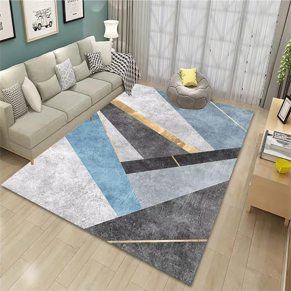 Tapis géométrique moderne gris et bleu durable et résistant pour salon