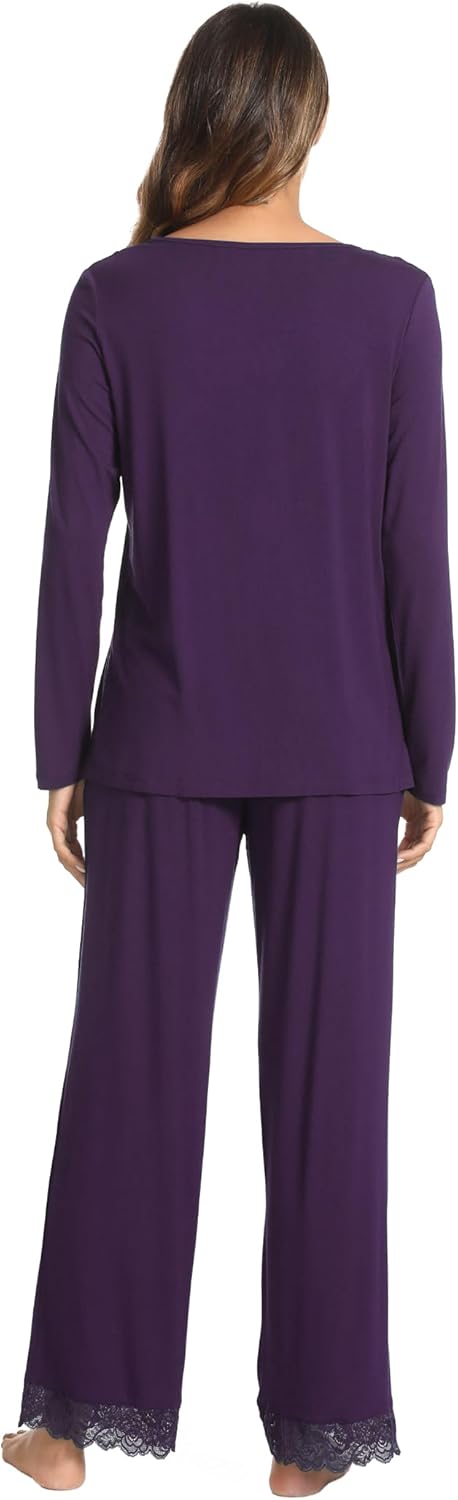 GYS Bamboo Viscose Women's Pajama Sets Long Sleeve Lace V-Neck Soft 2 Piece Sleep Set - Image 2