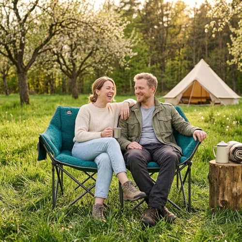 Sillones Dobles Plegables Oversized para Camping LANMOUNTAIN, Soporta 600 lbs, Cómodos para Adultos, Bolsillo de Malla, Forro de Felpa, Verde Oscuro miniatura 2