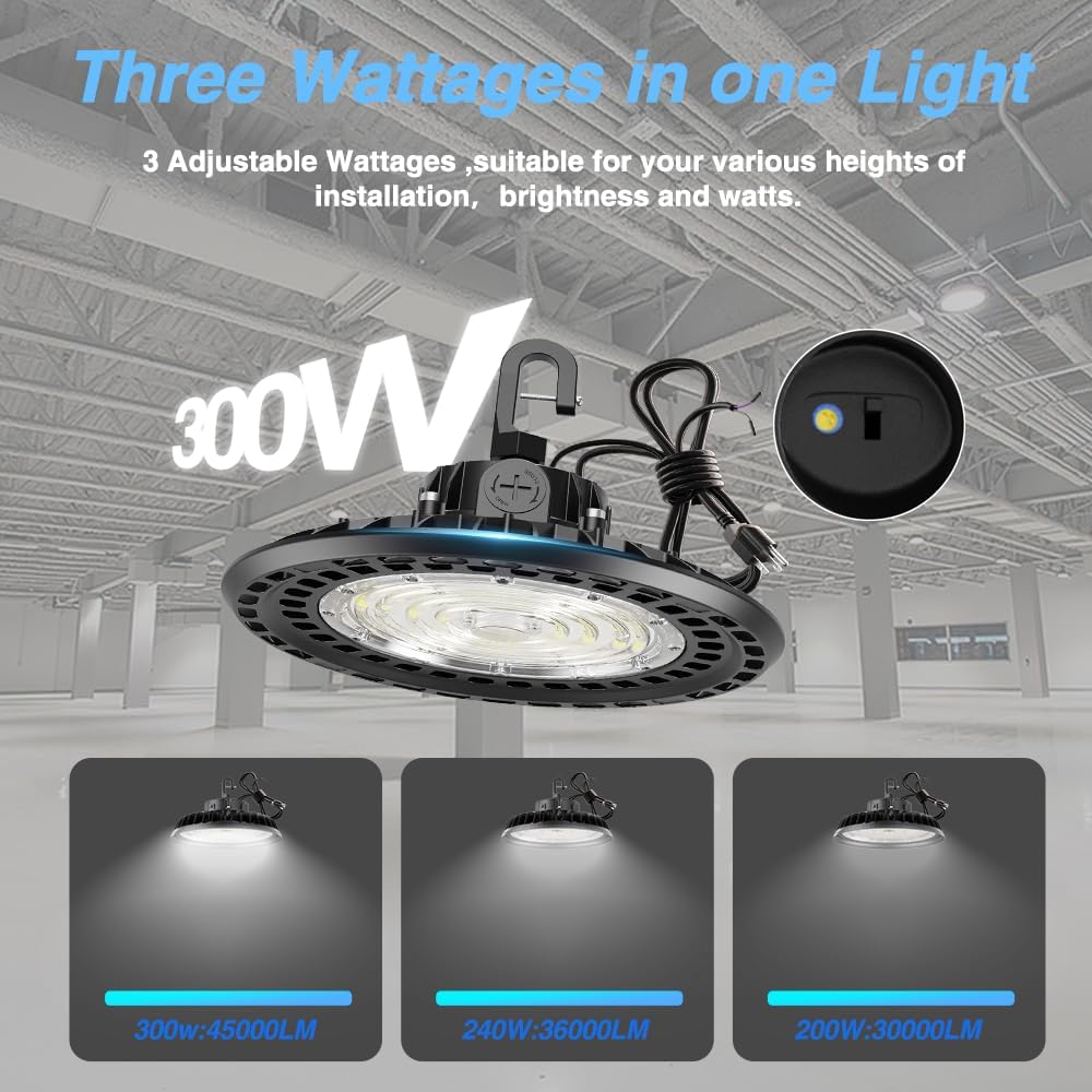 4 Packs 300W High Bay LED Lights, High Bay Led Shop Lights for Warehouse Barn Factory, 5000K Daylight, 100-277V, Dimmable 0-10V, Waterproof, Commercial Bay Lighting, Super Bright, UL,Black