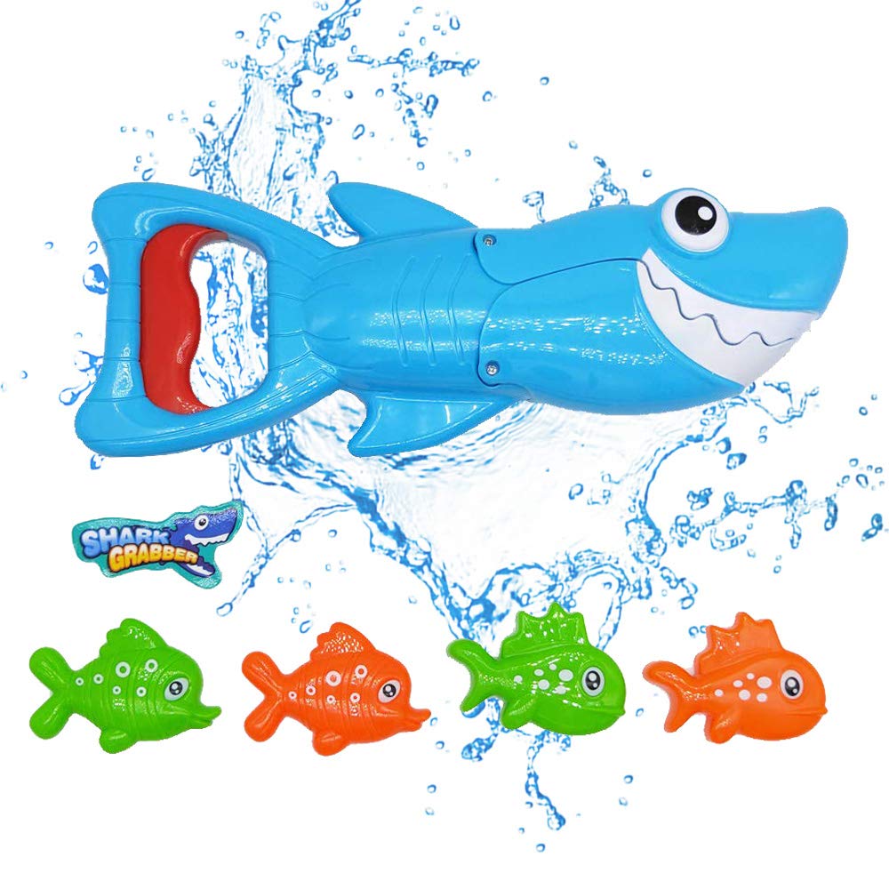 manjing Shark Grabber Bath Toy for Kids Toddlers Cute Blue Shark with Teeth Biting Action,4 Toy Fish Included (blue)