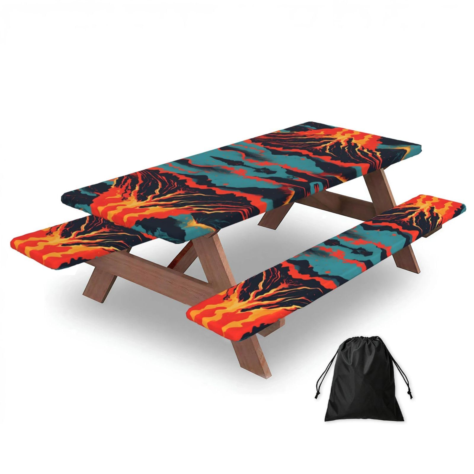Zyjhyy Black Volcano Print Party Table Covers With Bench Covers Set Of 3 Picnic Table Cloth Wipe Clean For Garden Camping