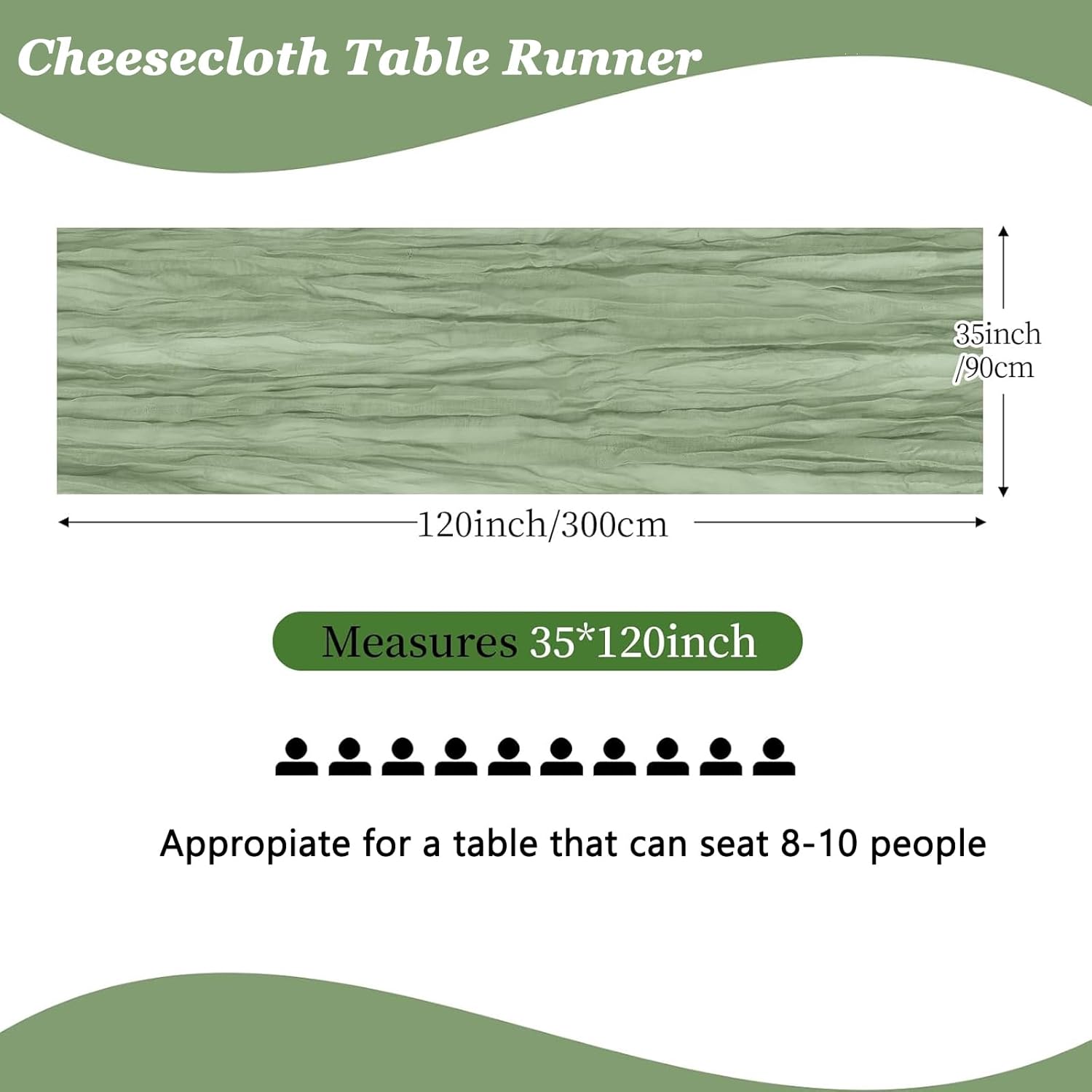10 Pack Sage Green Cheesecloth Table Runner 10ft Boho Gauze Fabric Cheese Cloth Table Runner 35 x 120 Inch Rustic Sheer Runner for Romantic Wedding Birthday Baby Shower Party Table Decoration