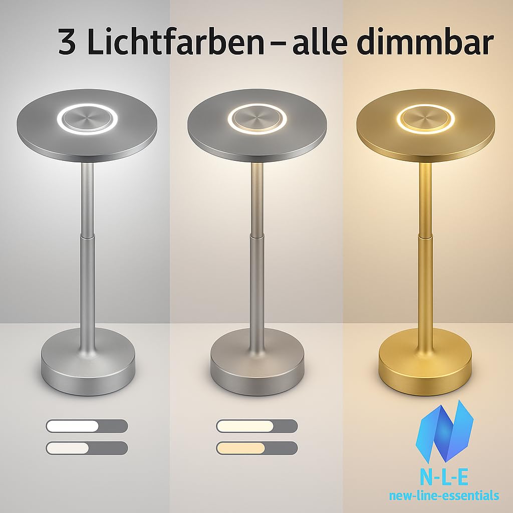 N-L-E Dimmbare LED Tischlampe kabellos mit 5200mAh Akku - 3 Lichtfarben (gold, 2 Stück)